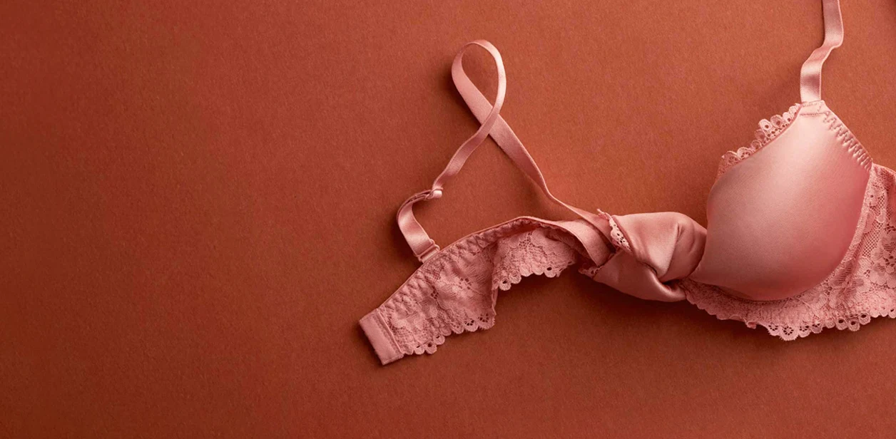 Zachtroze bh met kant op terracottakleurige achtergrond. Elegante lingerie voor vrouwen.