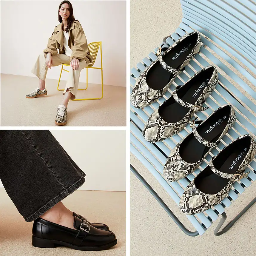 Casual sneakers, elegante loafers en ballerina's met print.